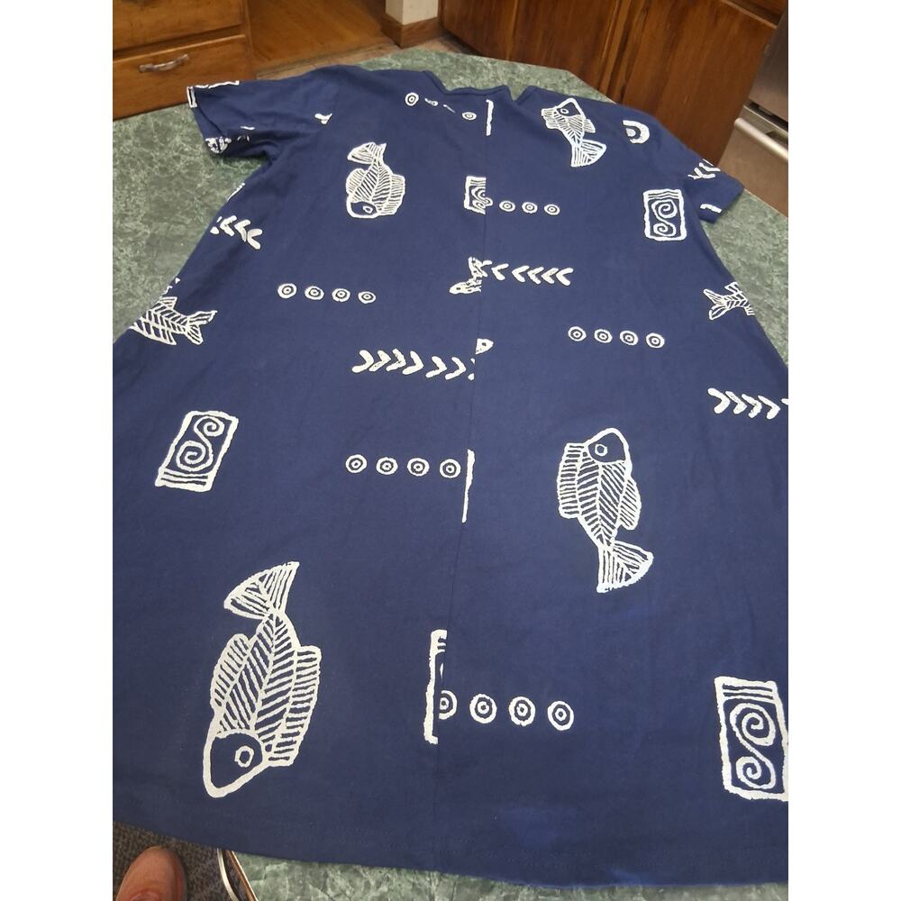 VTG Exist Sports Line Dress Sz L XL Fish Hand Stamped Short Sleeve Cotton Blue - Picture 7 of 7